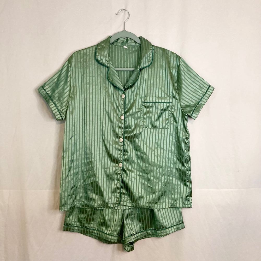 Sage Green Striped Satin Pajama Set Short Sleeve Button Down Shorts Mixed Sizes